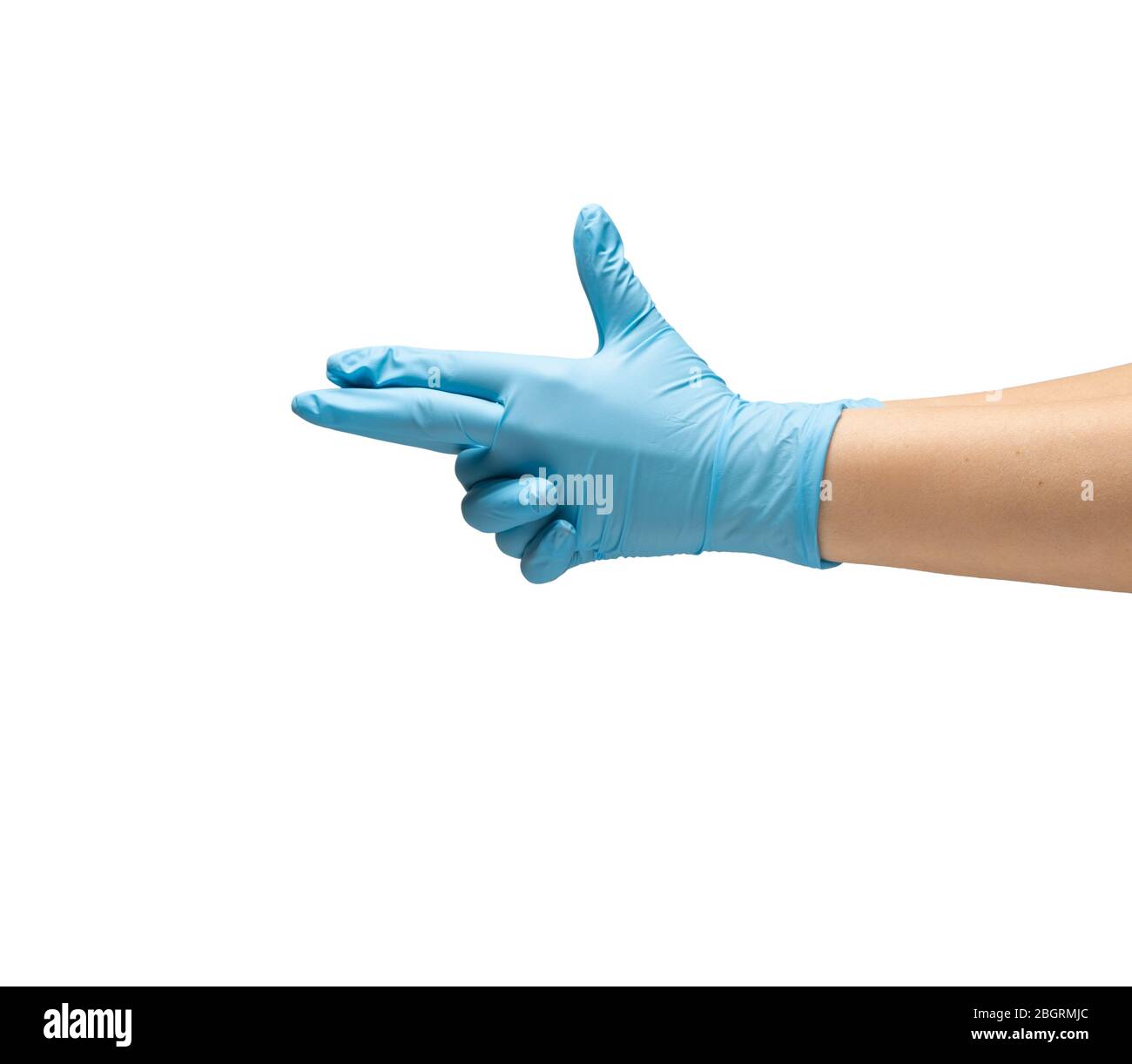 Female hands in protective rubber gloves of blue color show a gun ...