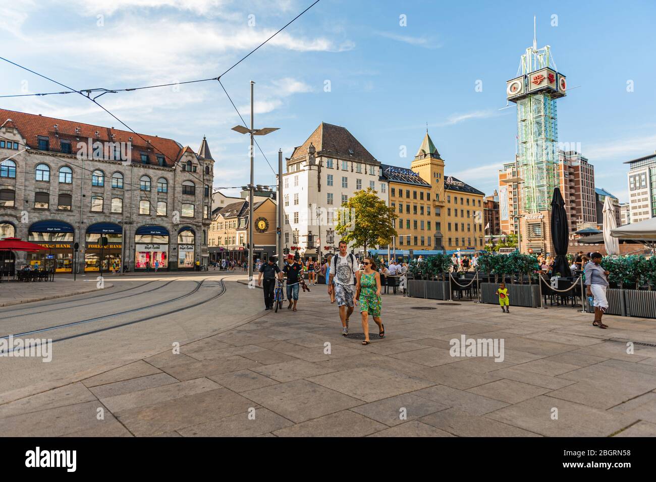 July 26, 2013. View of the streets of Oslo, Norway. Clock in the Central station Area in Oslo. Editorial. Stock Photo