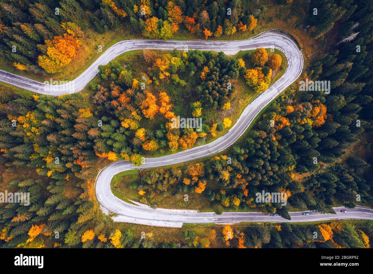 Curved bending road in the forest. Aerial image of a road. Forrest pattern. Scenic curvy road seen from a drone in autumn. Aerial top down view of zig Stock Photo