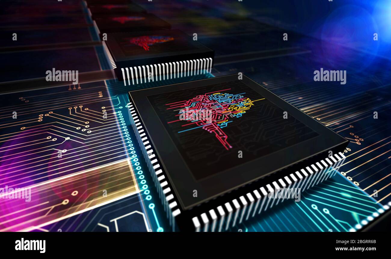 Artificial intelligence, cybernetic brain and machine learning technology. CPU production line abstract 3d rendering illustration. Processor factory w Stock Photo