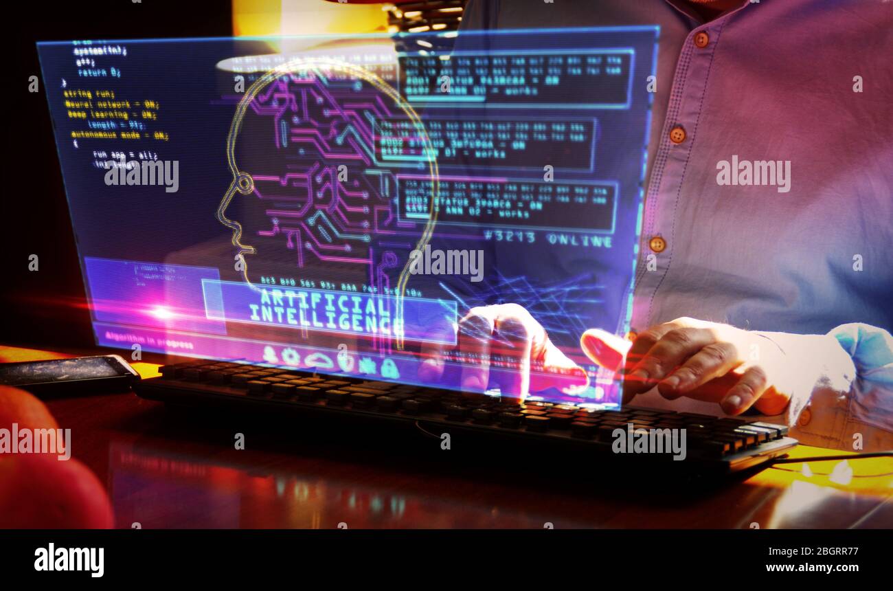 Artificial intelligence. Camera moves around hud display and man typing keyboard. Deep machine learning technology with cyber head shape. Digital AI f Stock Photo