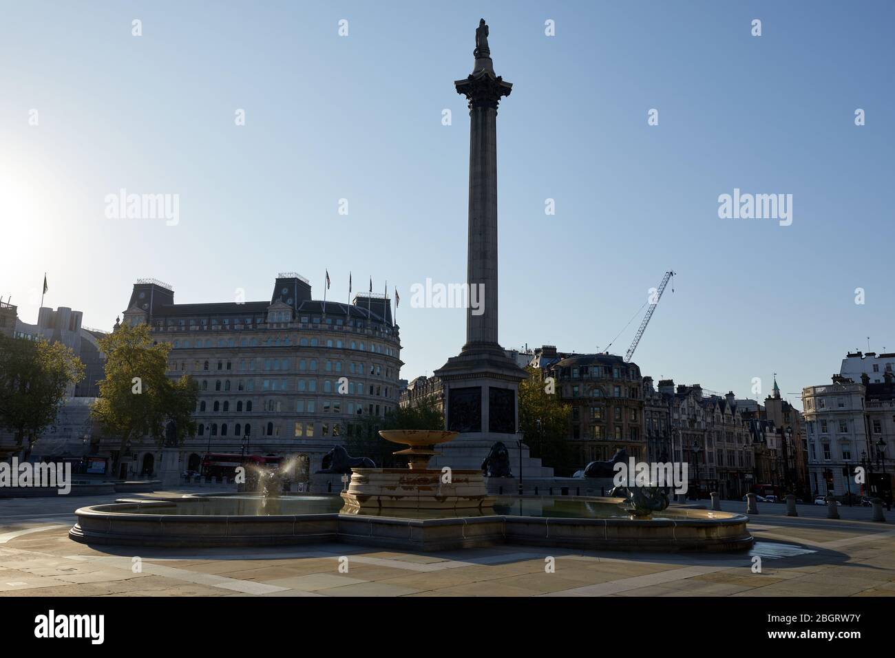 London, U.K. - 22 Apr 2020: Trafalgar Square in the heart of London, deserted during the coronavirus lockdown. Stock Photo