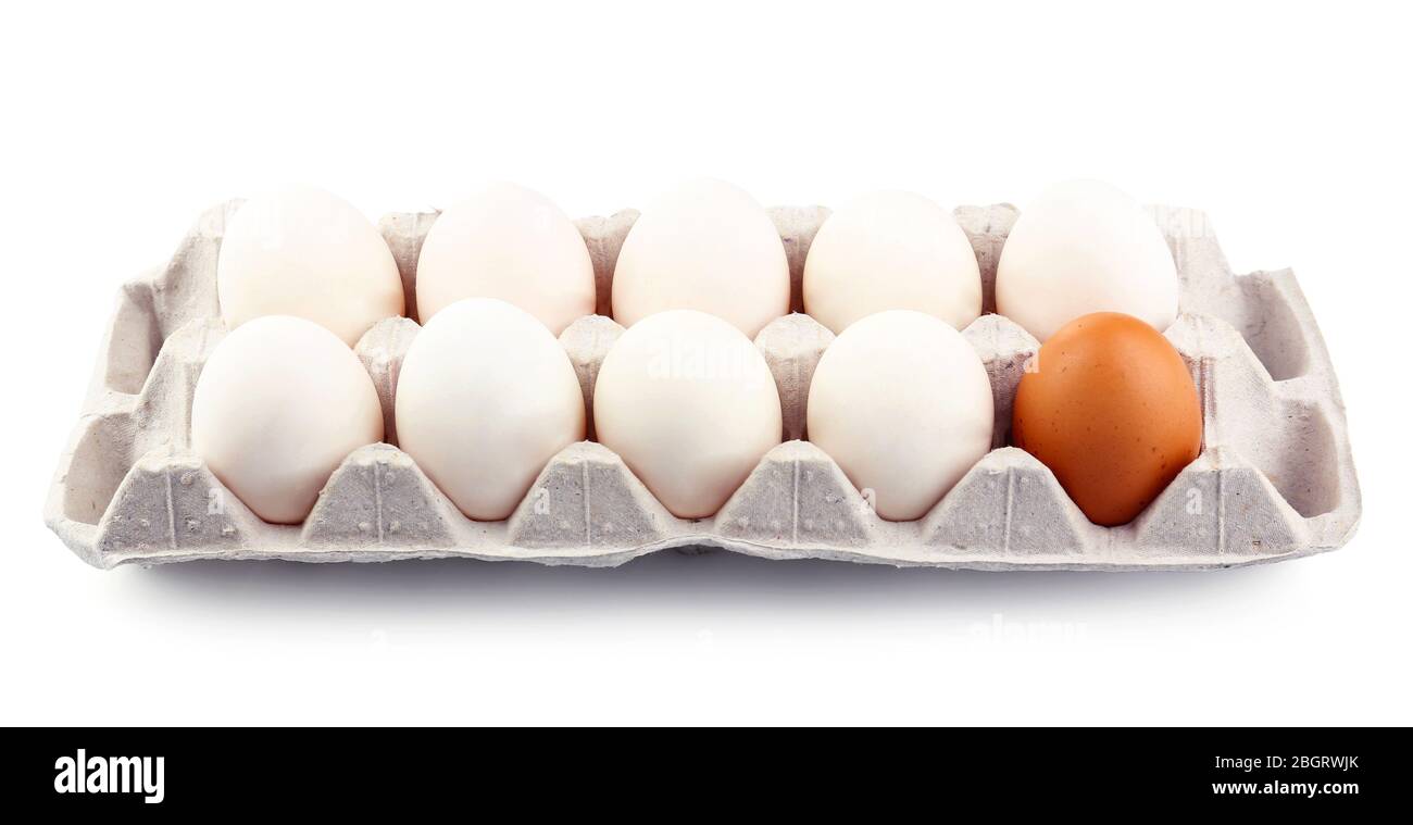 Different eggs in carton pack isolated on white Stock Photo Alamy