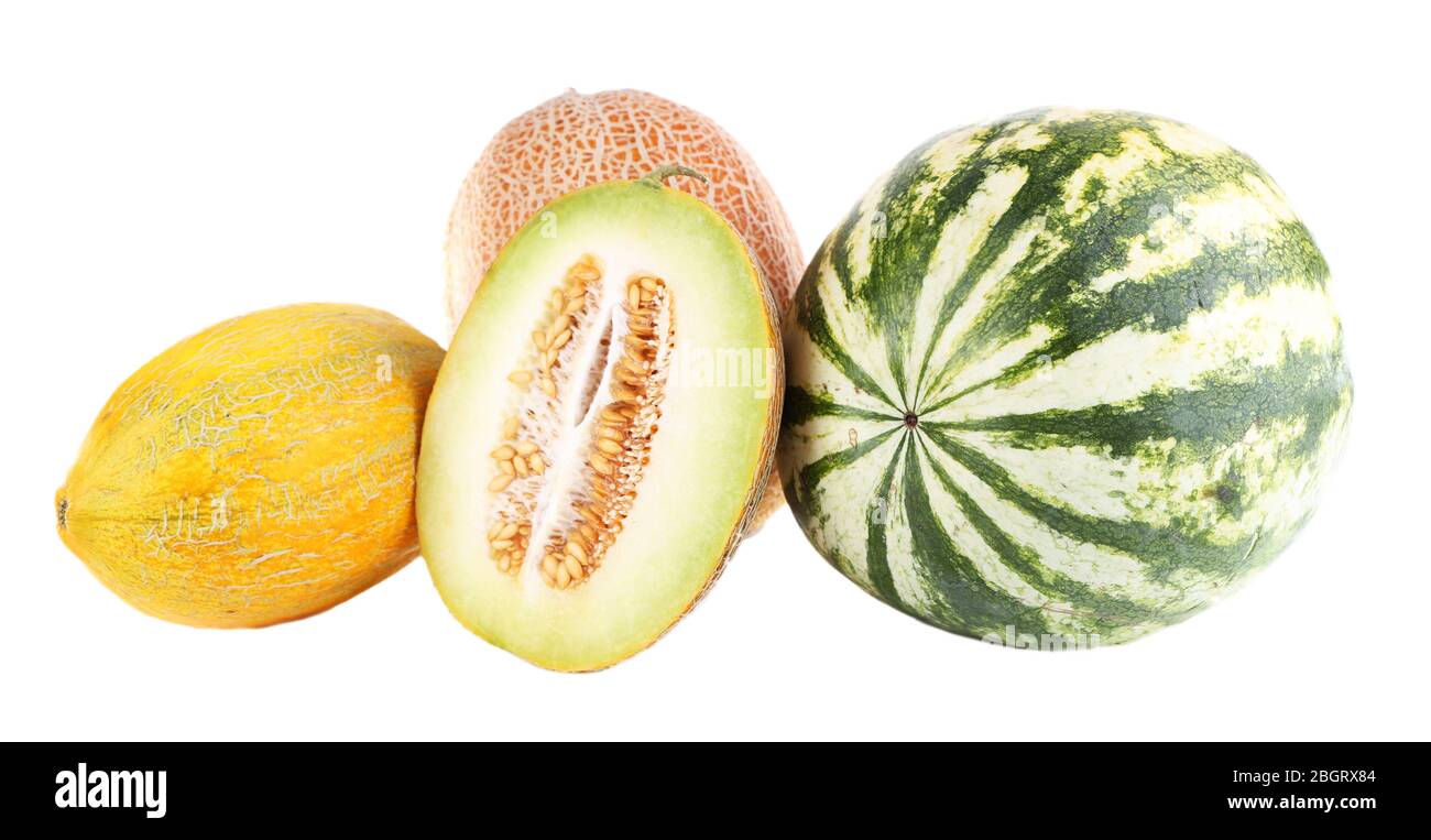 Three Melons Melons and watermelon isolated on white Stock Photo - Alamy