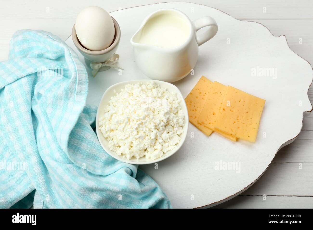 Delicious breakfast with milk, egg and cottage cheese Stock Photo Alamy