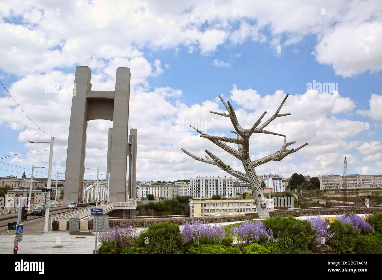 Cityscape of the city of Brest showing the Pont de Recouvrance is a vertical-lift bridge in Brest, Brittany, France, across the river Penfeld. Stock Photo