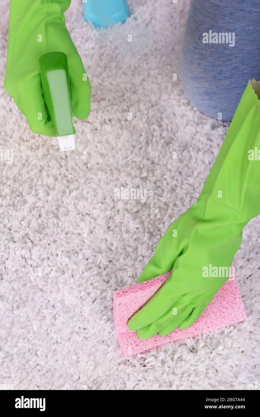 Cleaning carpet with cloth and sprayer close up Stock Photo Alamy