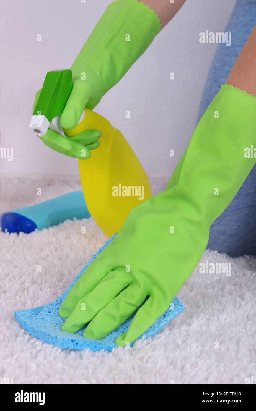 Cleaning carpet with cloth and sprayer close up Stock Photo Alamy