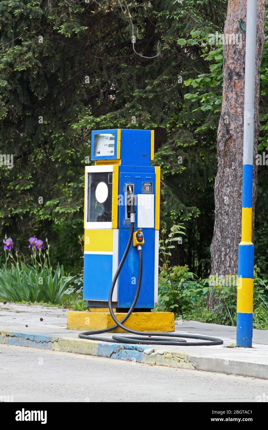 Old gas station. Gas pump screen, showing liters and price. Sofia, Bulgaria - May 6, 2017: Gas station in Sofia, Bulgaria. Stock Photo