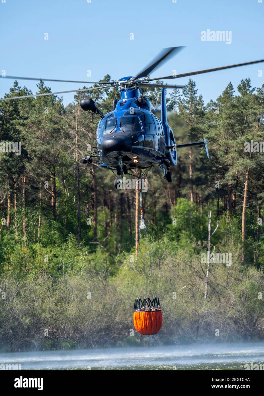 Forest fire in the German-Dutch border region near NiederkrŸchten-Elmpt, in a nature reserve, deployment of fire-fighting helicopters, Eurocopter EC 1 Stock Photo