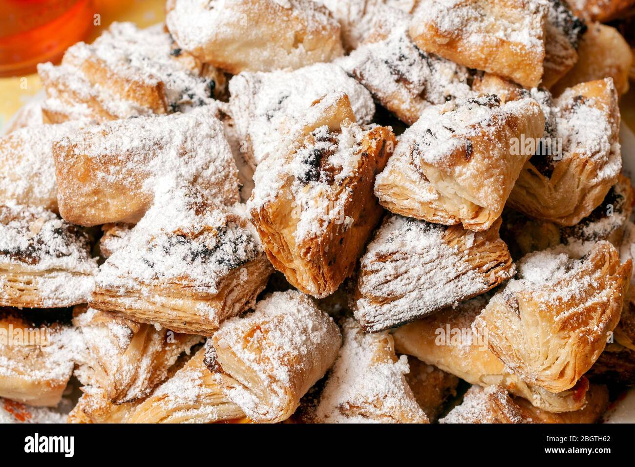 Traditional hungarian homemade lard puff pastry wraps with jam Stock
