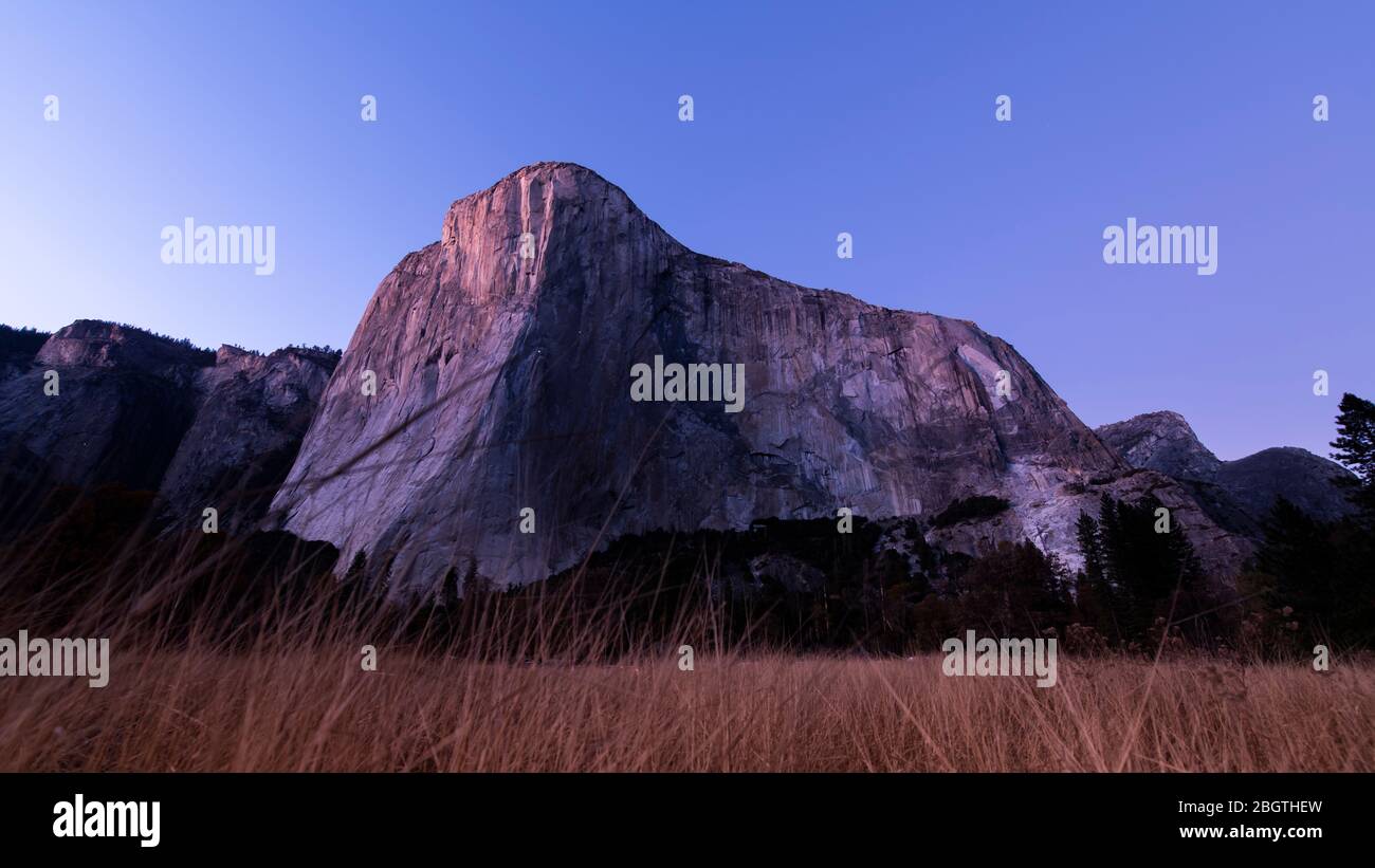 El Capitan in Yosemite at sunset from El Cap Meadow during fall Stock Photo