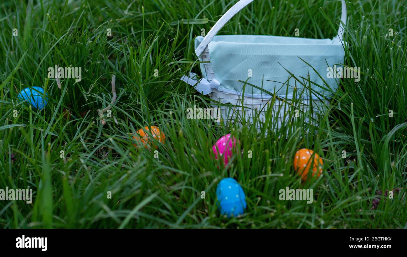 Multiple polka dotted Easter eggs surrounding a basket in the grass at sunset Stock Photo