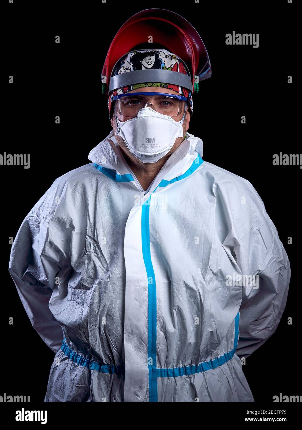 A Covid-19 Fighter, Arturo Garcia poses during a Portrait session at