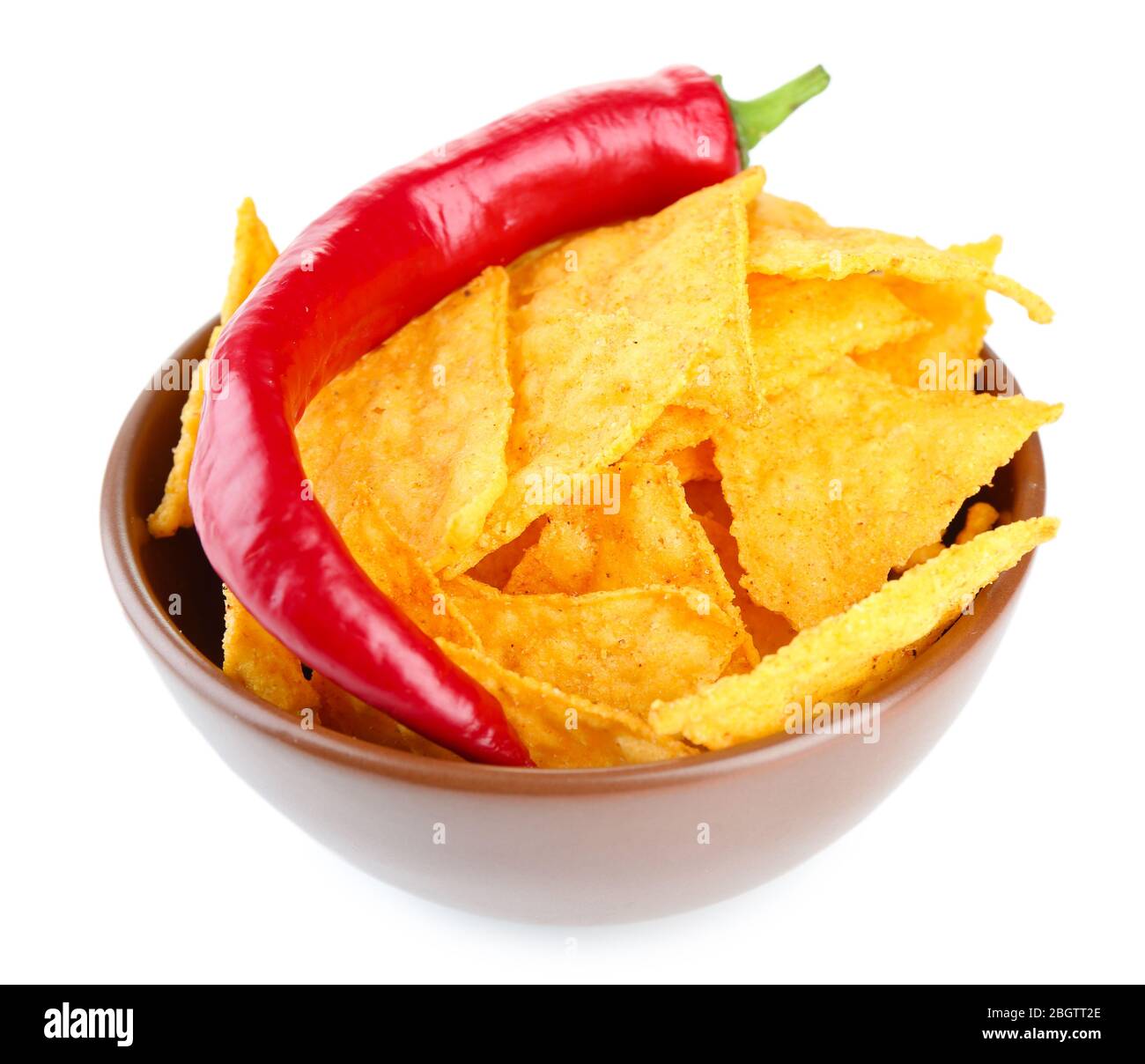 Tasty nachos on color bowl, isolated on white Stock Photo - Alamy