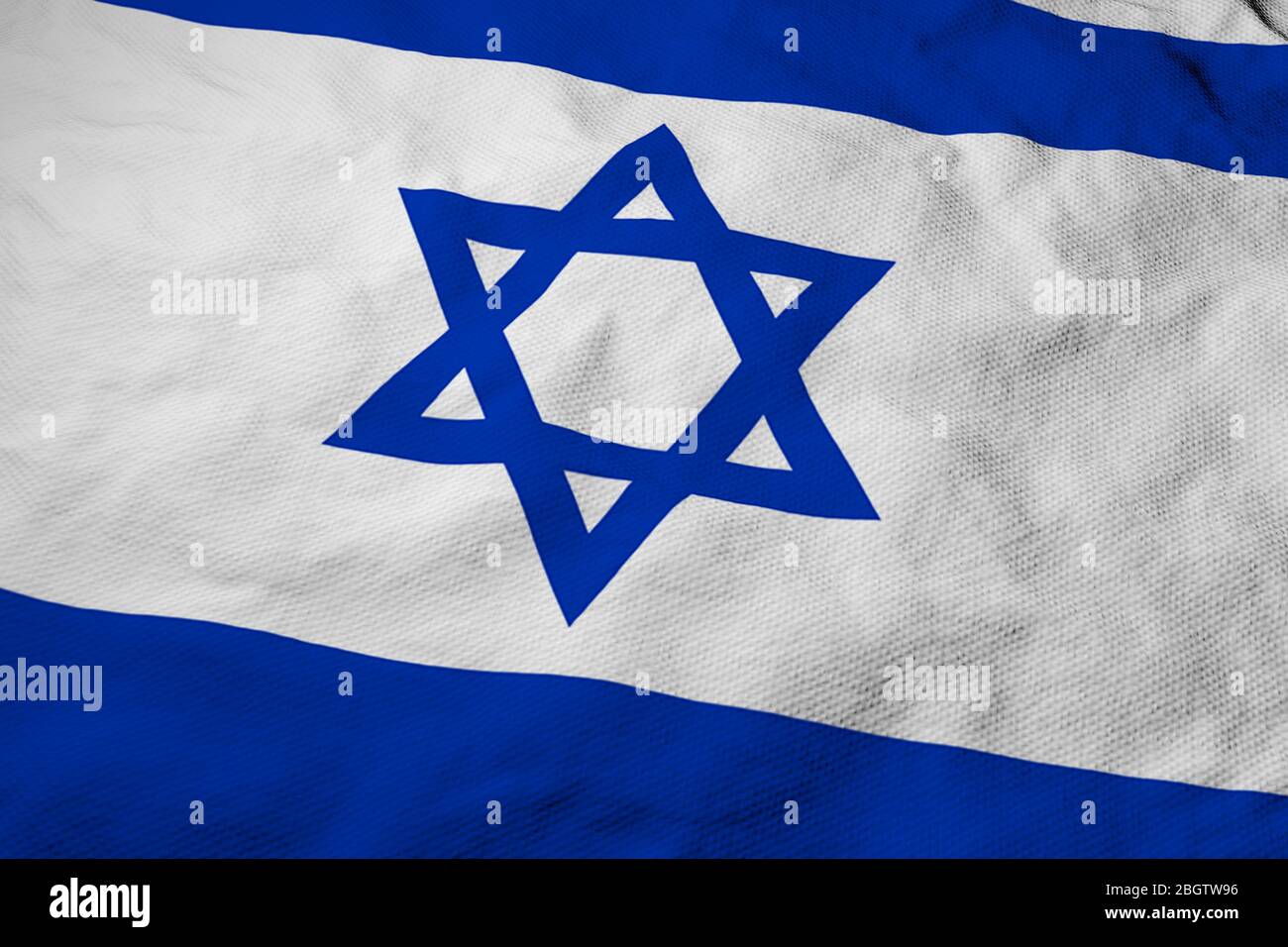 Full frame close-up on a waving Israeli flag in 3D rendering. Stock Photo