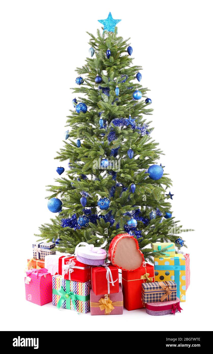 Christmas tree and presents isolated on white Stock Photo - Alamy