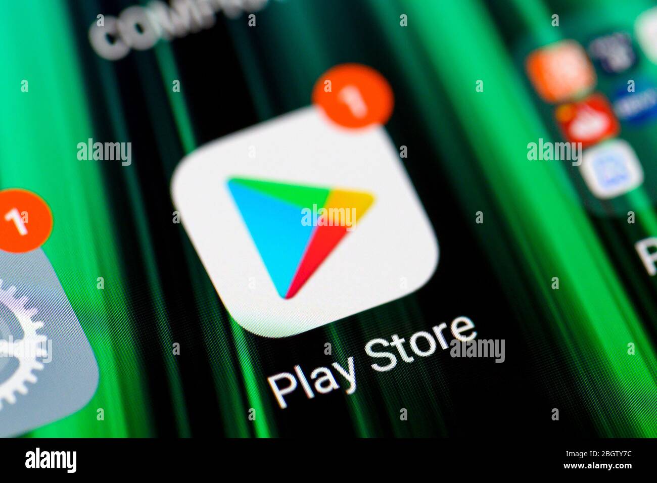 Burgos, Spain - April 13, 2020: Play store application icon on smartphone screen. Mobile application icon of play store. Google Play Store .  Stock Photo