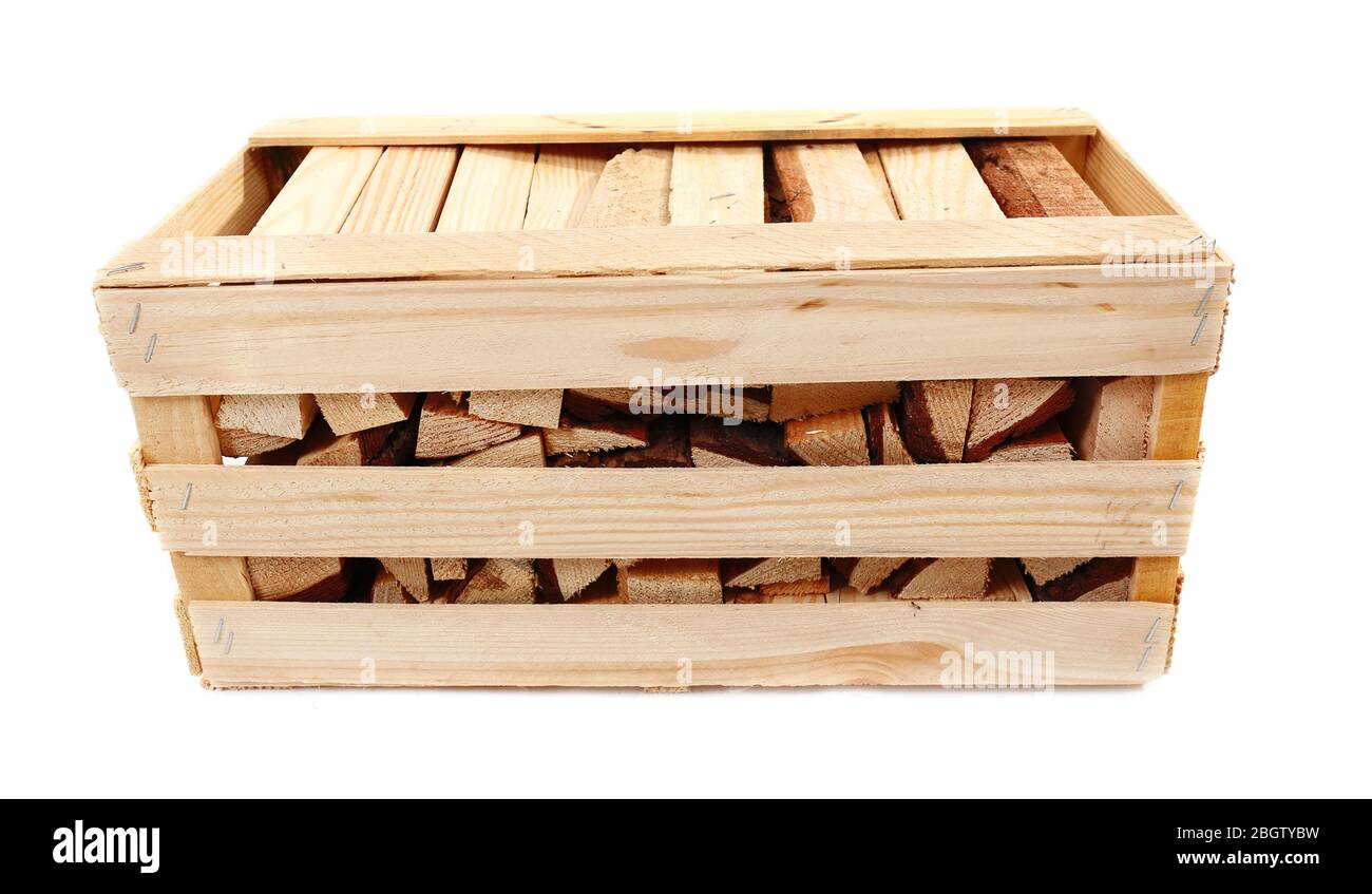 Firewood in wooden box isolated on white Stock Photo Alamy