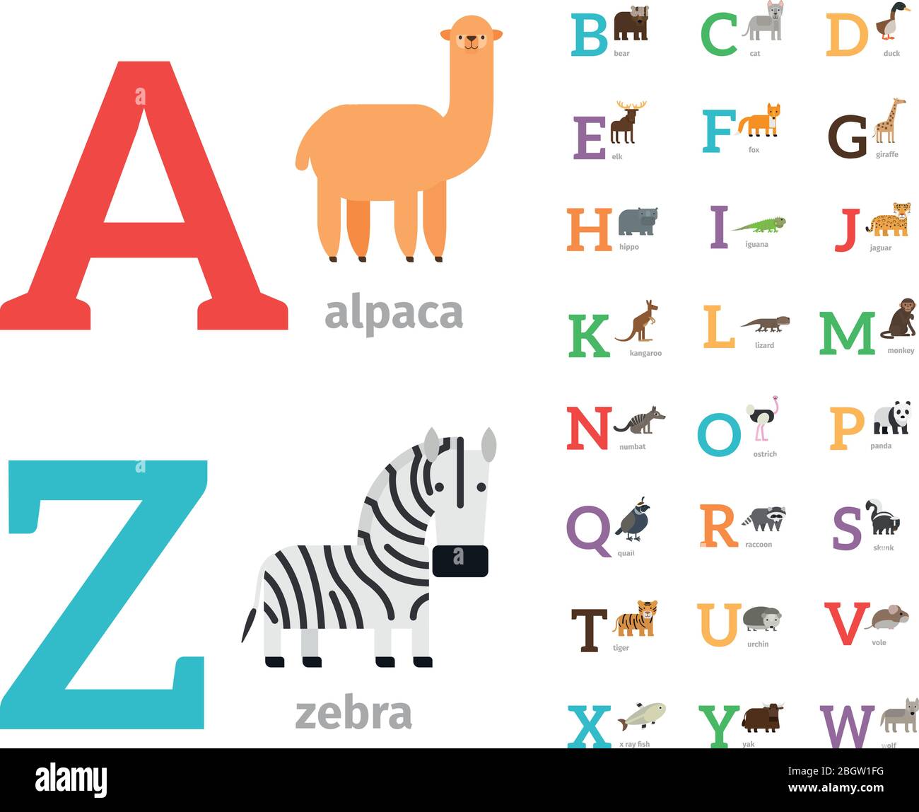 Animals alphabet or zoo alphabet colored icons. Vector illustration Stock Vector