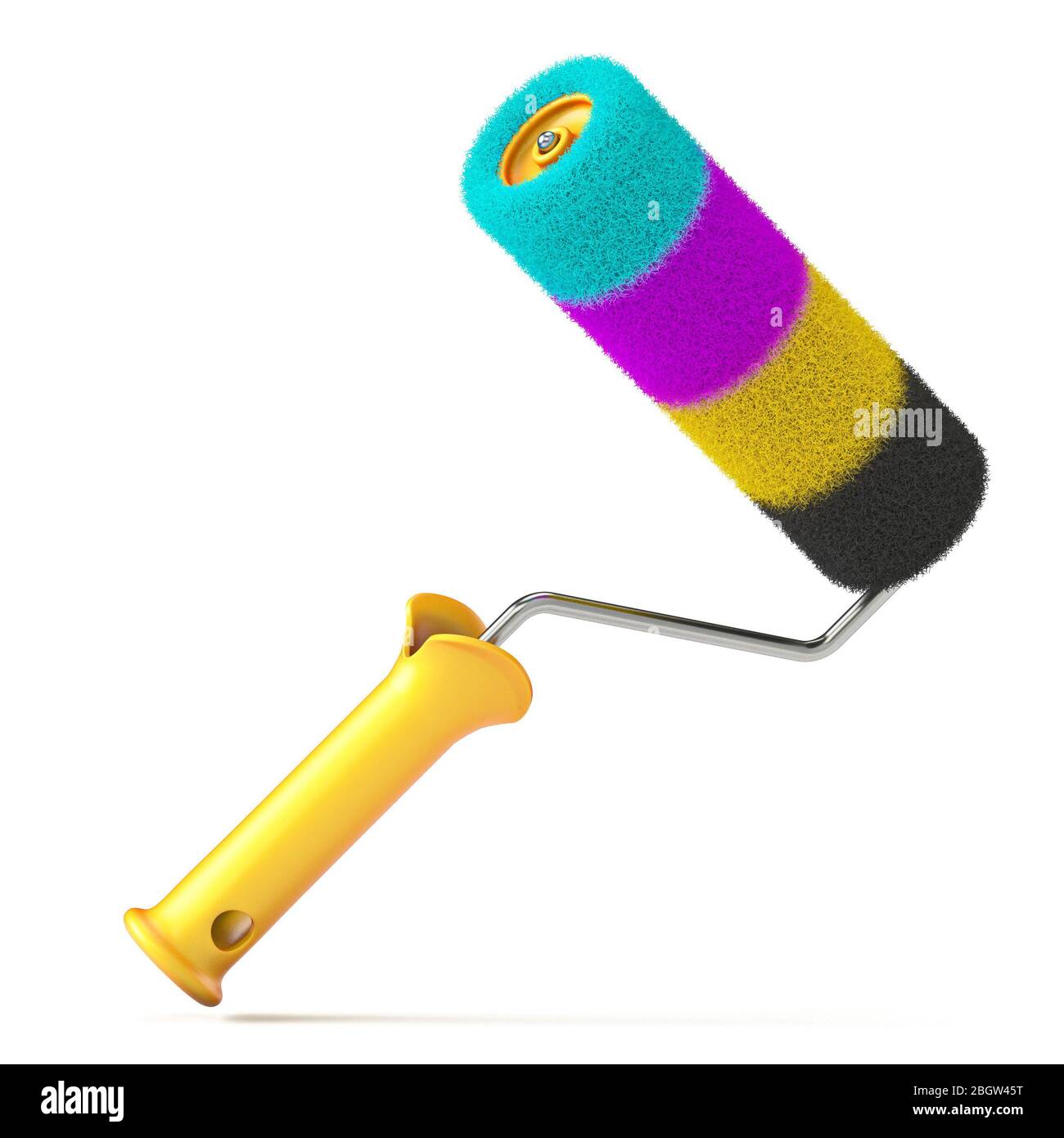 CMYK color paint roller brush 3D render illustration isolated on white