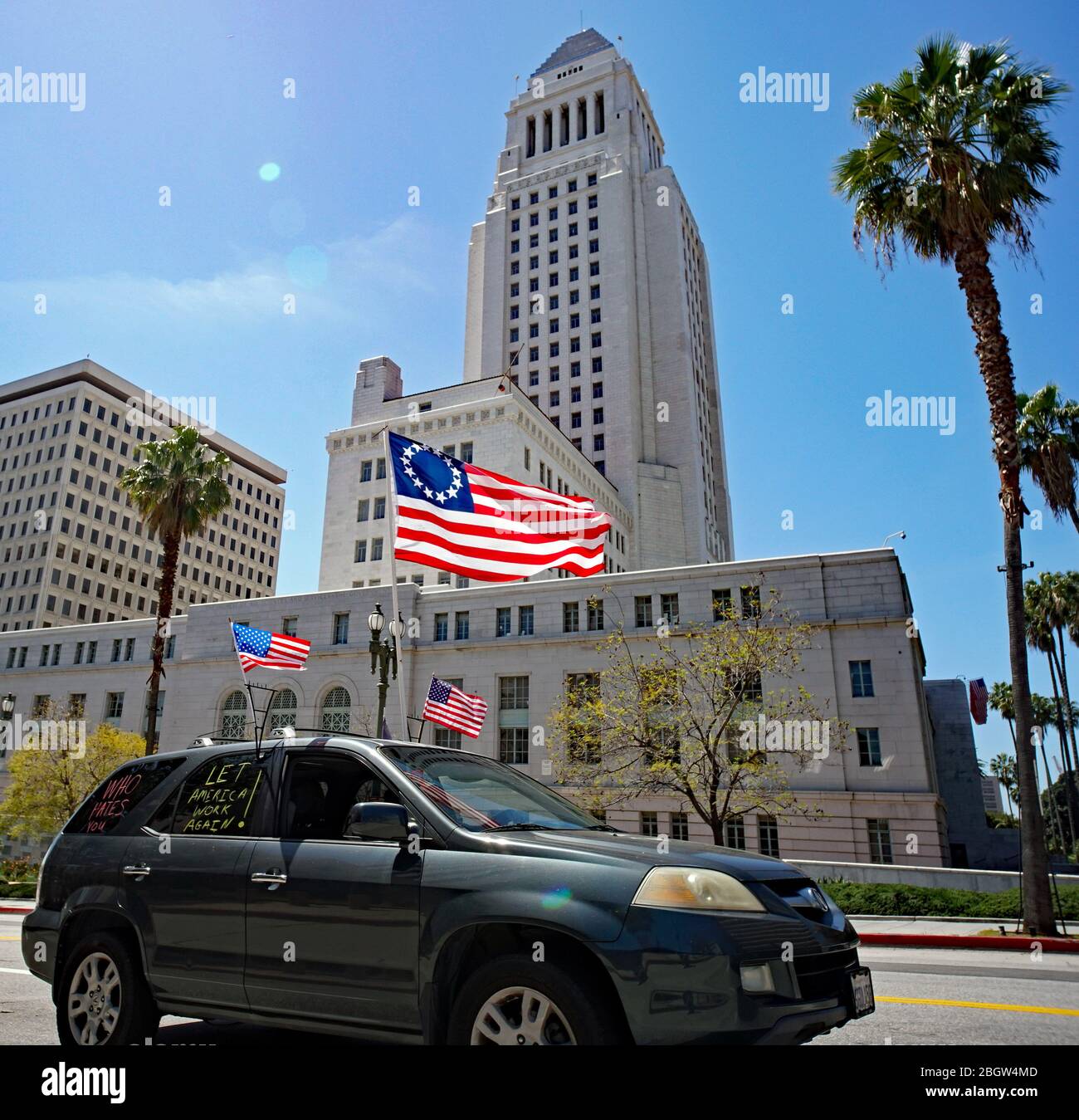 22nd April 2020 Los Angeles California, Protesters in Front of City Hall demanding Governor Newsom to open LA, End the Quarantine. Stock Photo
