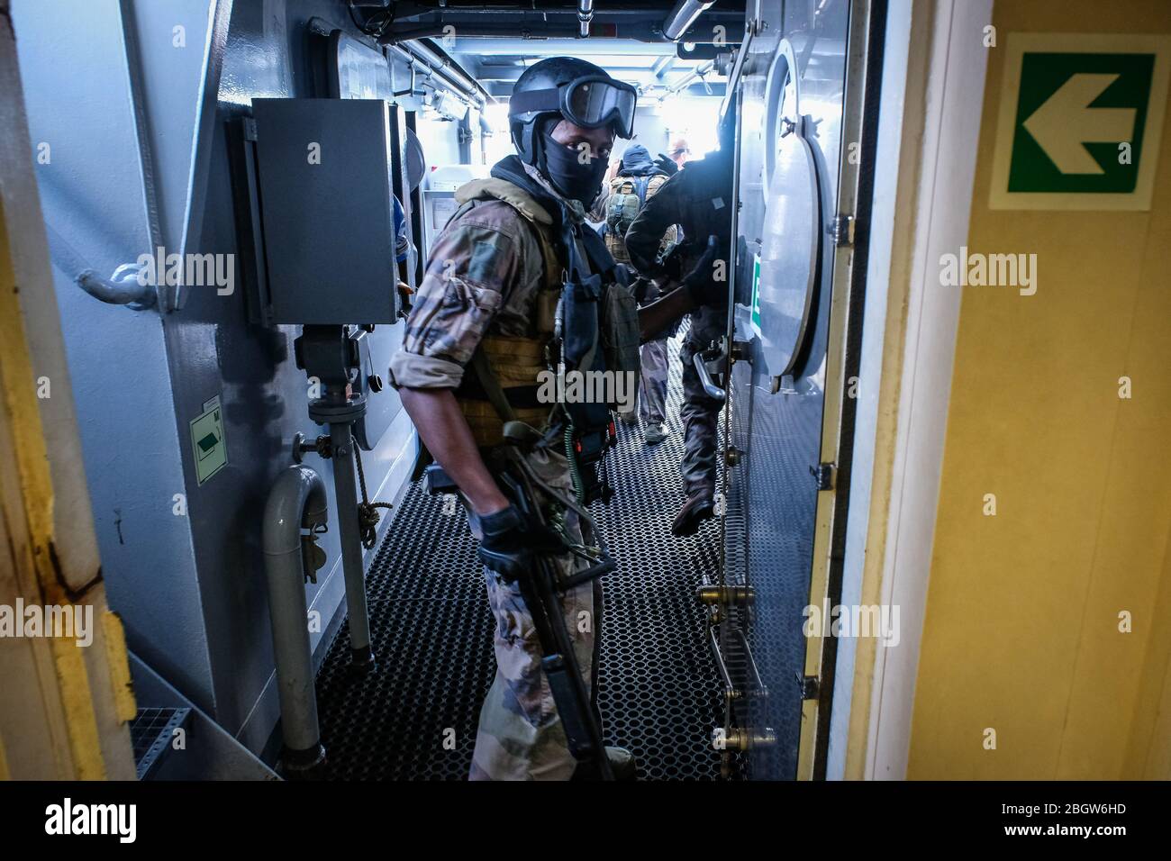 KOUROU, FRANCE - DECEMBER 18: soldiers in a naval ship during the Titan Operation in french Guyana, Guyane, Kourou, France on December 18, 2018 in Kou Stock Photo