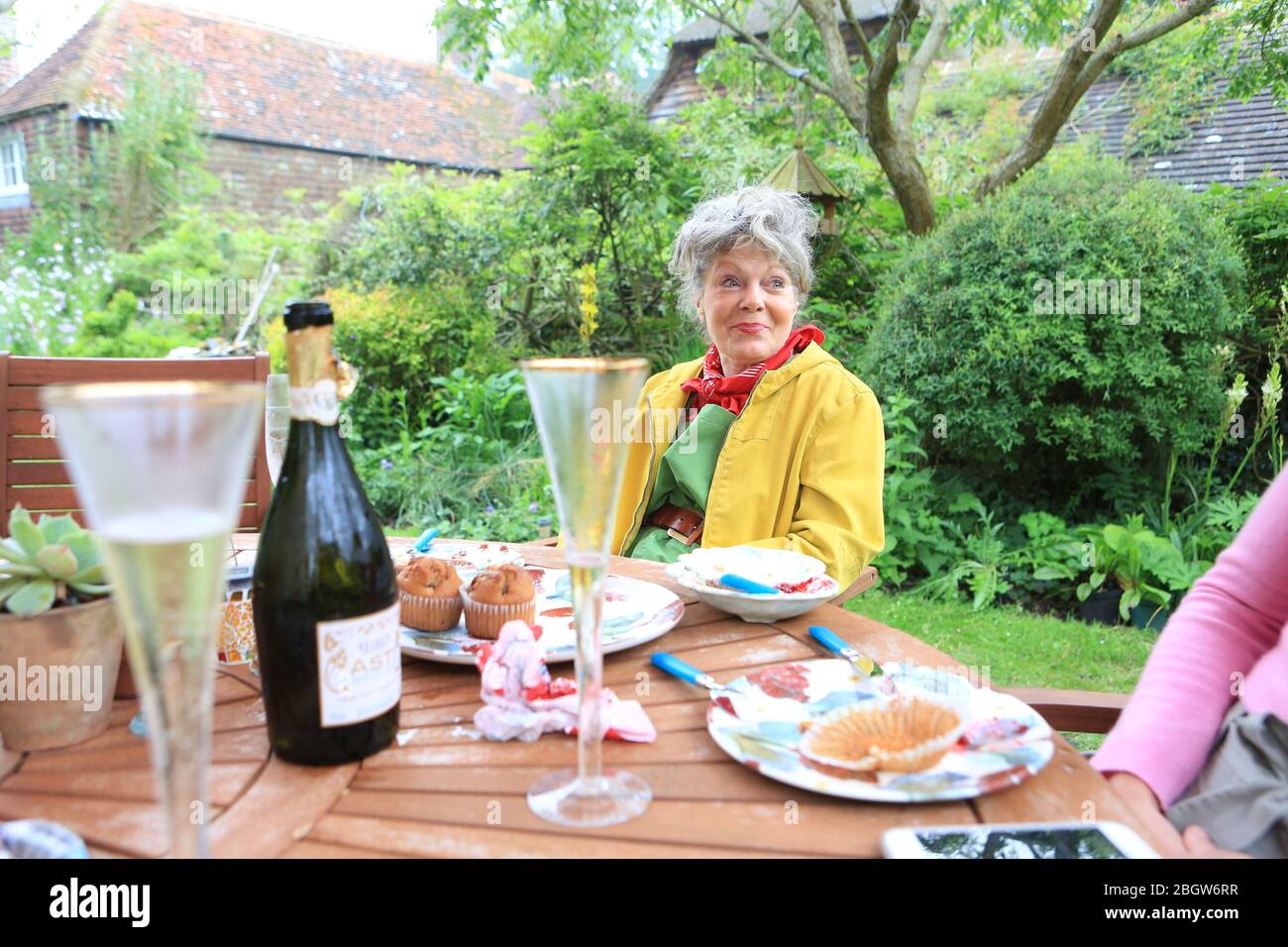 Family enjoying afternoon tea in UK garden in summer with tea and sparkling wine Stock Photo
