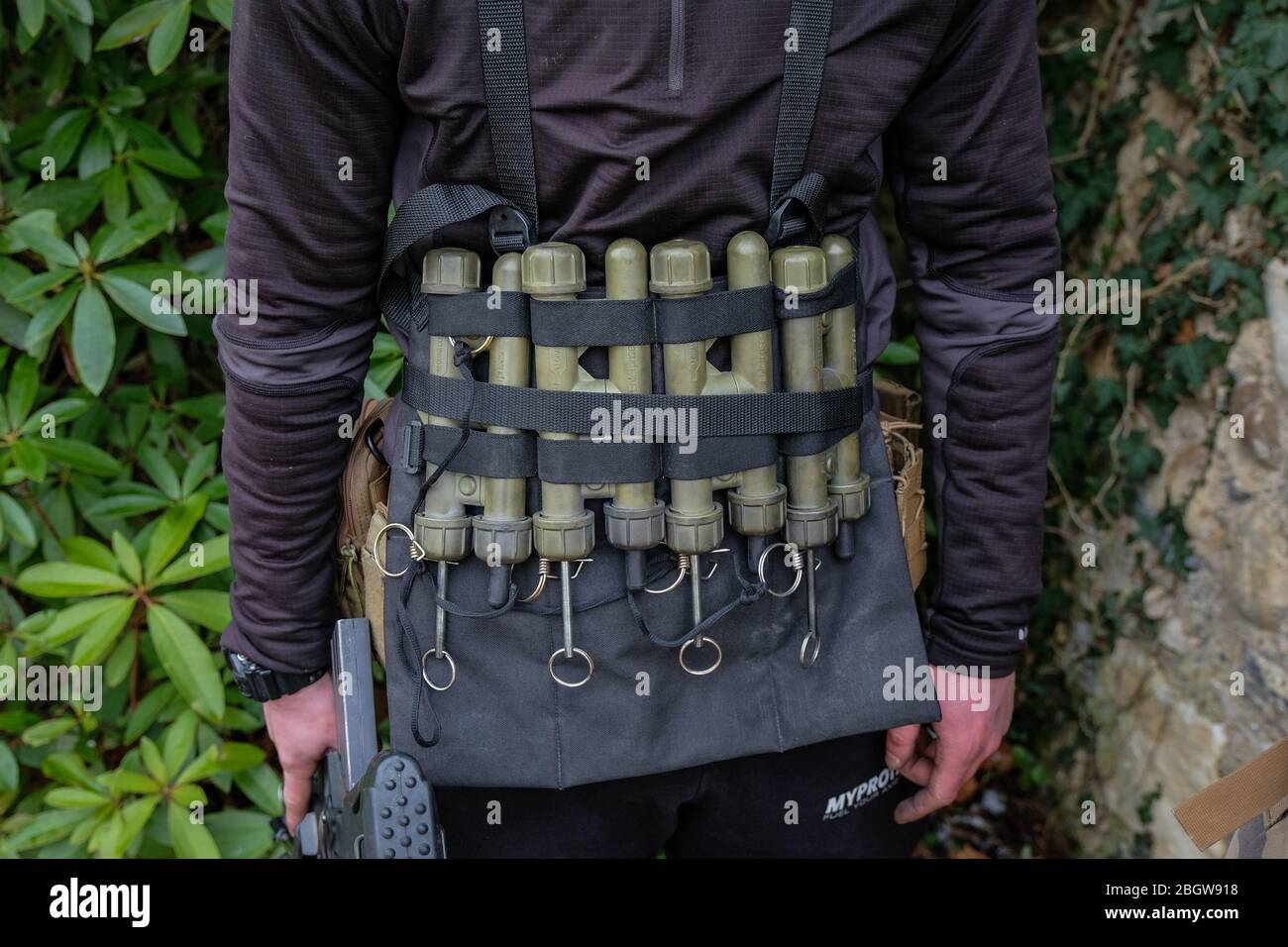 TOULOUSE, FRANCE - FEBRUARY 09: a fake terrorist with a fake belt of explosive during the training of French paratroopers in south of France before go Stock Photo
