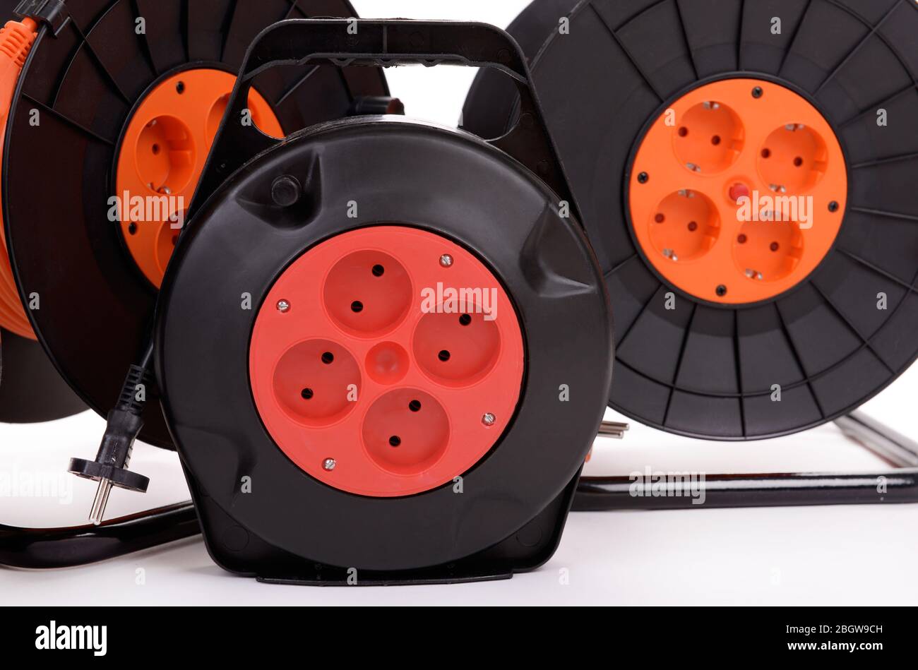 Extension electric cable reels close up Stock Photo Alamy
