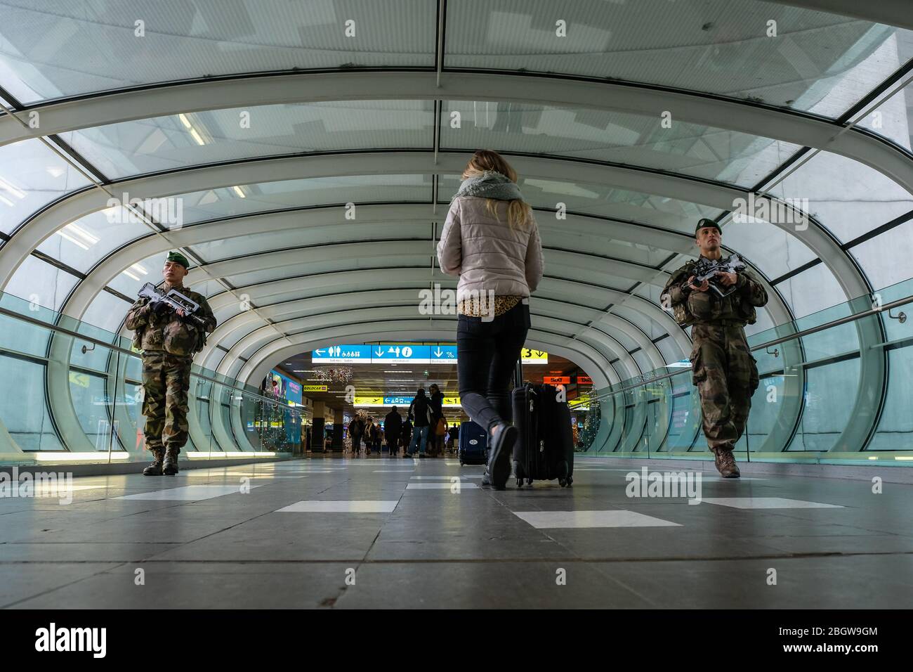 BLAGNAC, FRANCE - DECEMBER 01: French soldiers patrol during a security mission in an airport for the sentinelle operation, Occitanie, Blagnac, France Stock Photo