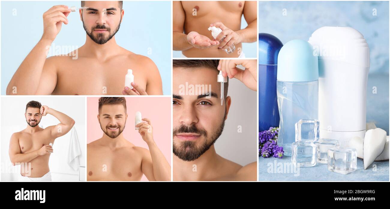 Man Using Cosmetics Collage of photos with young man using cosmetic products Stock Photo ...
