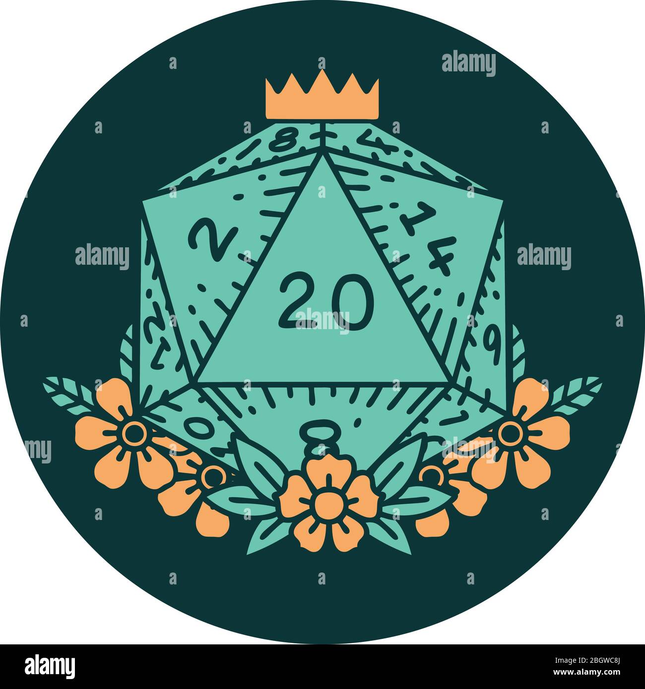 icon of natural 20 D20 dice roll with floral elements Stock Vector ...