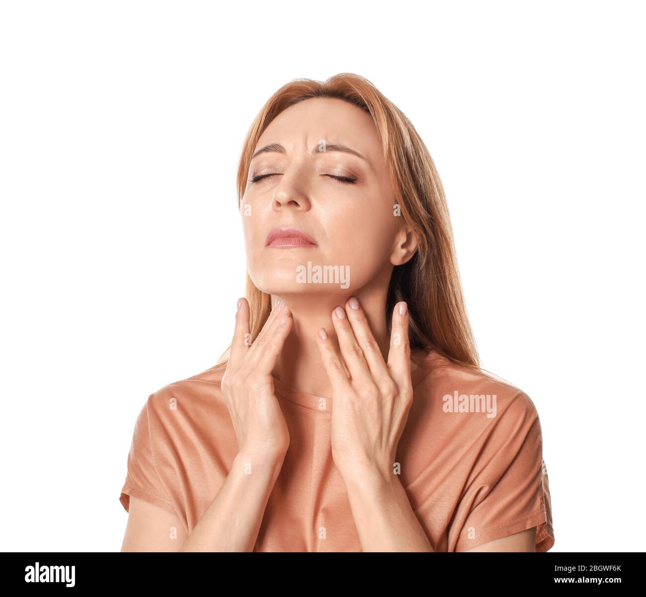 Woman with thyroid gland problem on white background Stock Photo Alamy