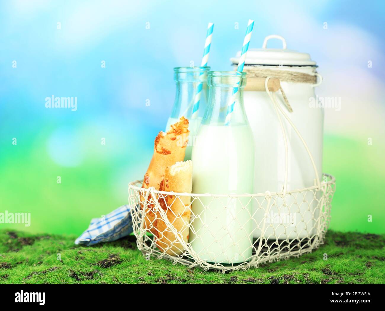 Retro still life with tasty rustic milk, on nature background Stock
