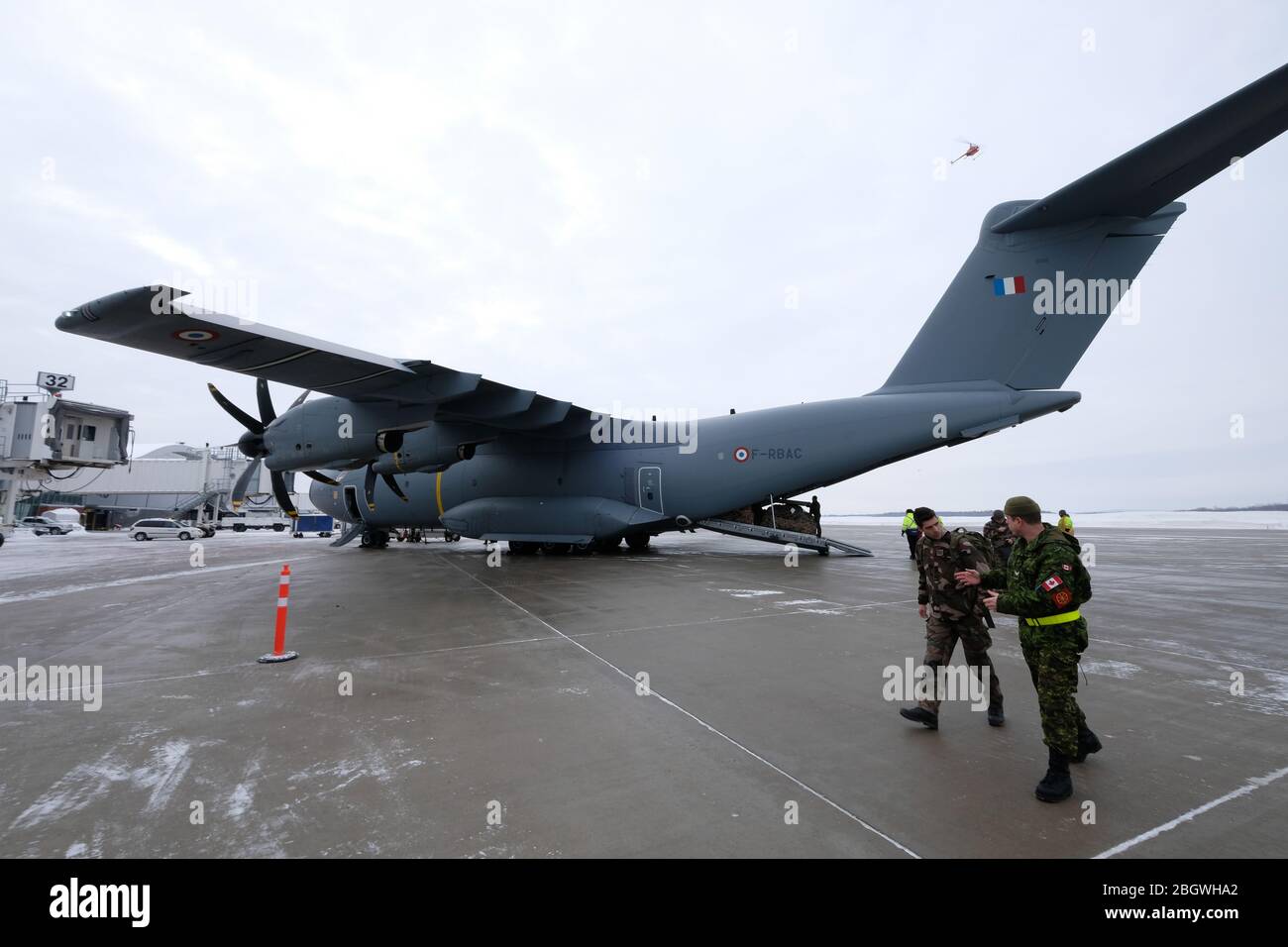 SAGUENAY, CANADA - JANUARY 10: The A400M aircraft is coming on the tarmac of the airport, Quebec, Quebec city, Canada on January 10, 2017 in Saguenay, Stock Photo