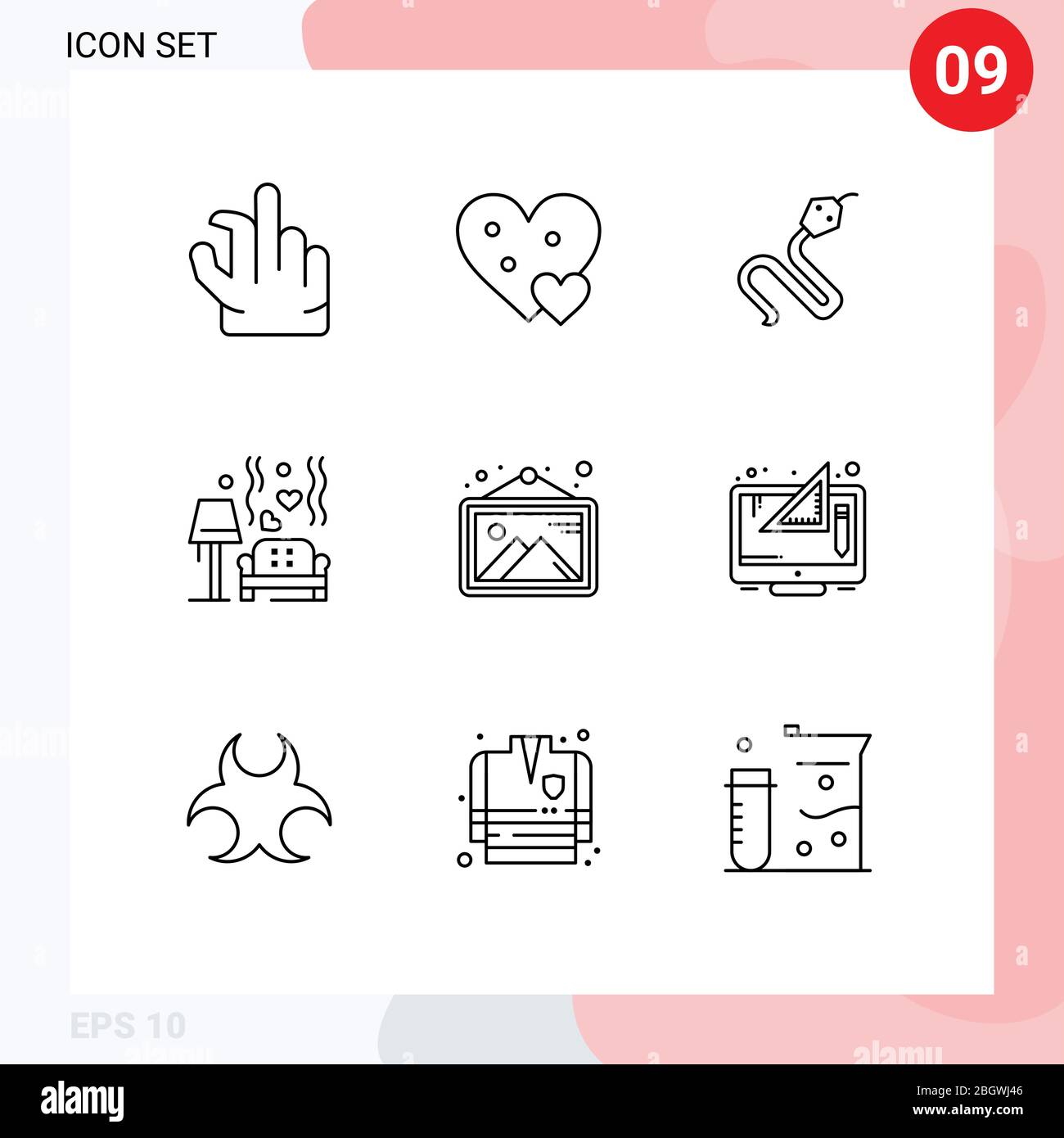 Group of 9 Outlines Signs and Symbols for gallery, heart, animal, love, lump Editable Vector