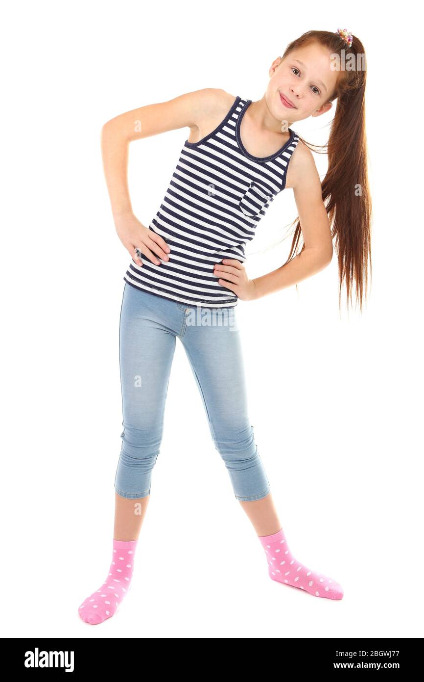 Beautiful little girl doing exercises isolated on white Stock Photo - Alamy