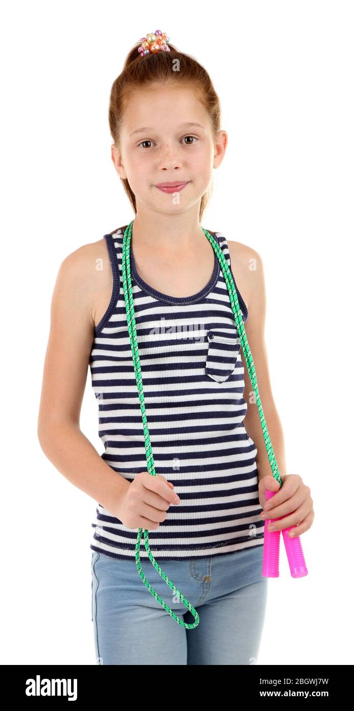 Beautiful little girl doing exercises isolated on white Stock Photo - Alamy