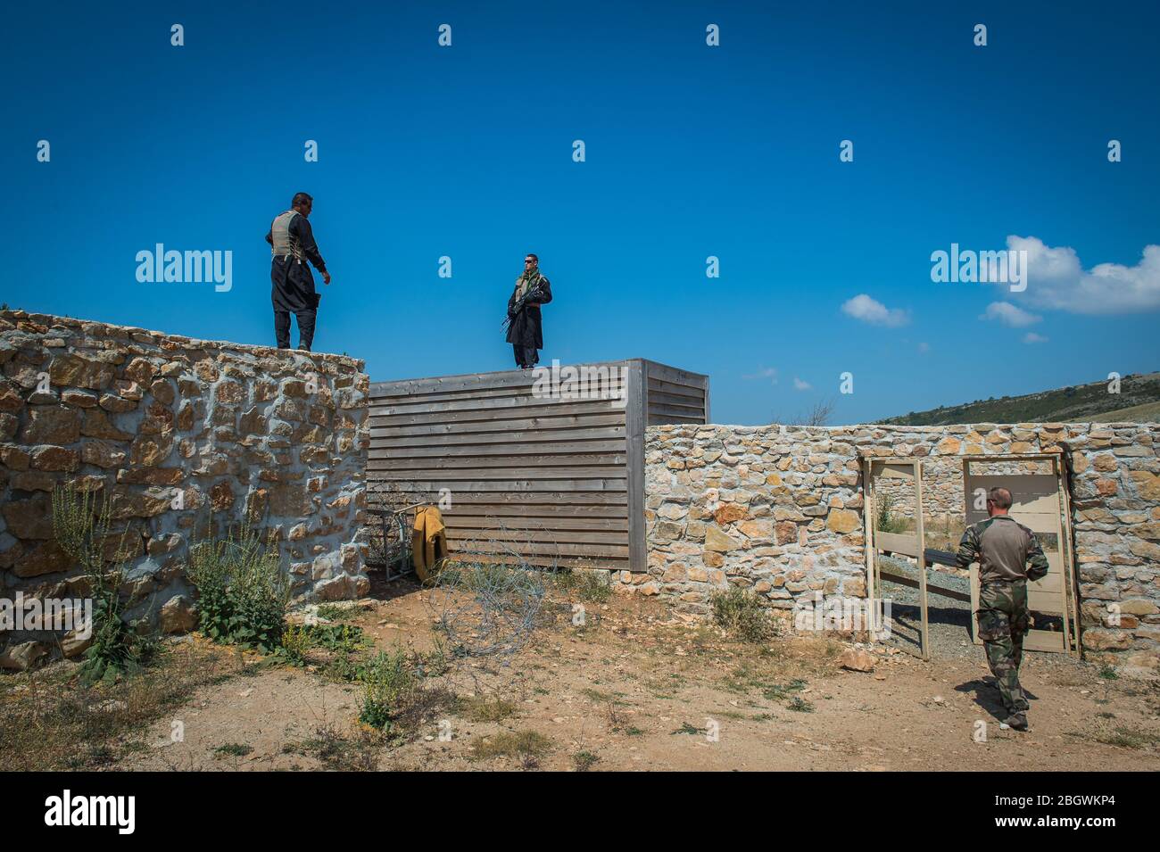 DRAGUIGNAN, FRANCE - JULY 20: simulation of conflict between soldiers and terorists with fake corpses, fake terrorists and fake wounds during the prep Stock Photo
