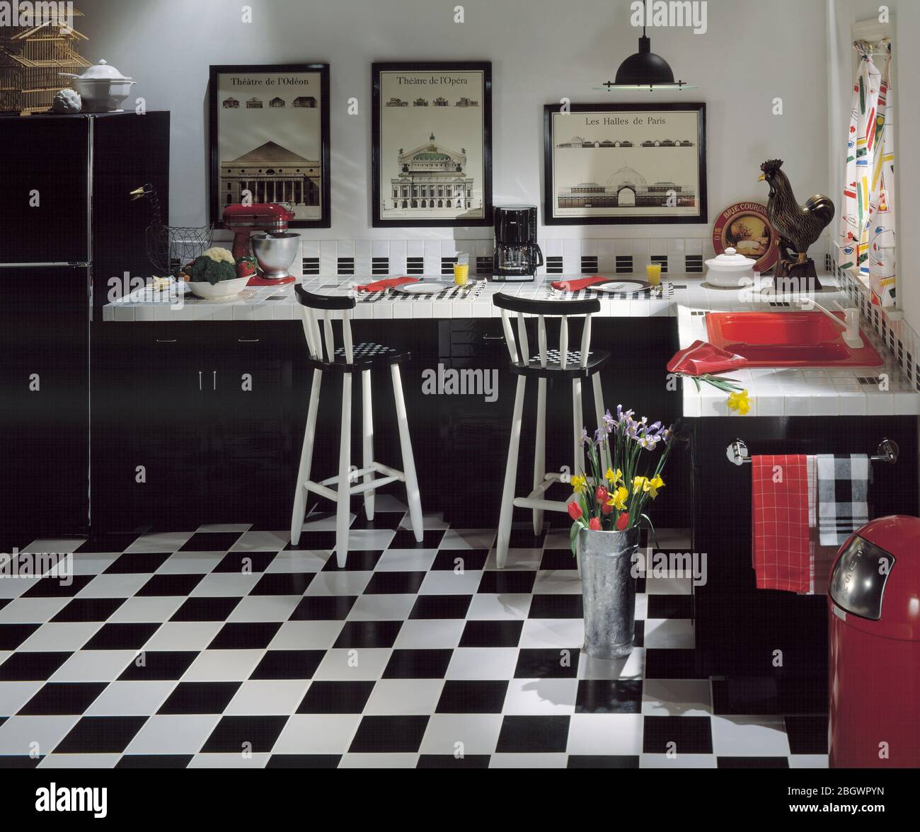 RETRO Modern Style Kitchen Checkered Tile Floor Black And White Motif Stock Photo Alamy