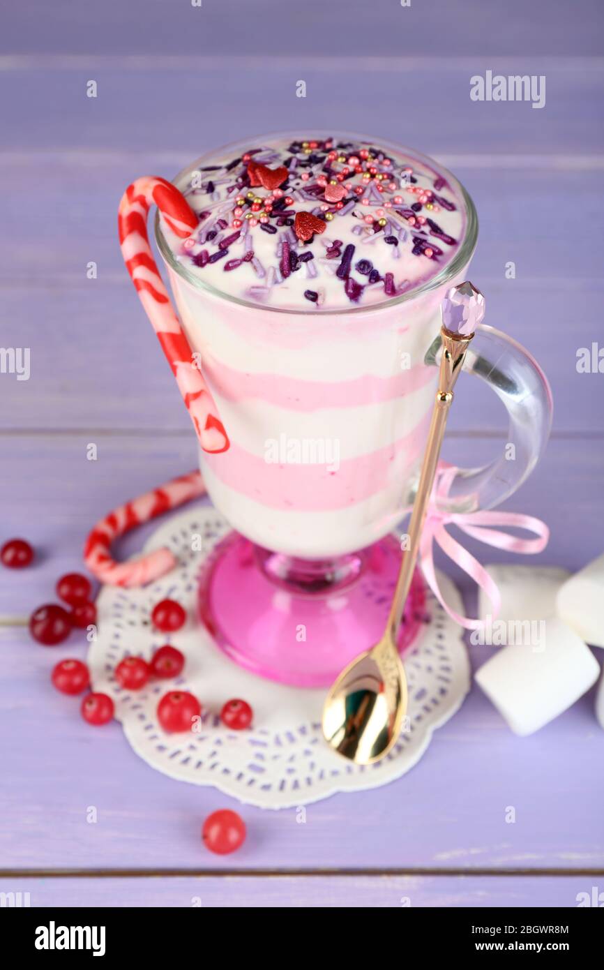 Cranberry milk dessert in glass, on color wooden background Stock Photo ... Cranberry milk dessert in glass, on color wooden background Stock Photo ...