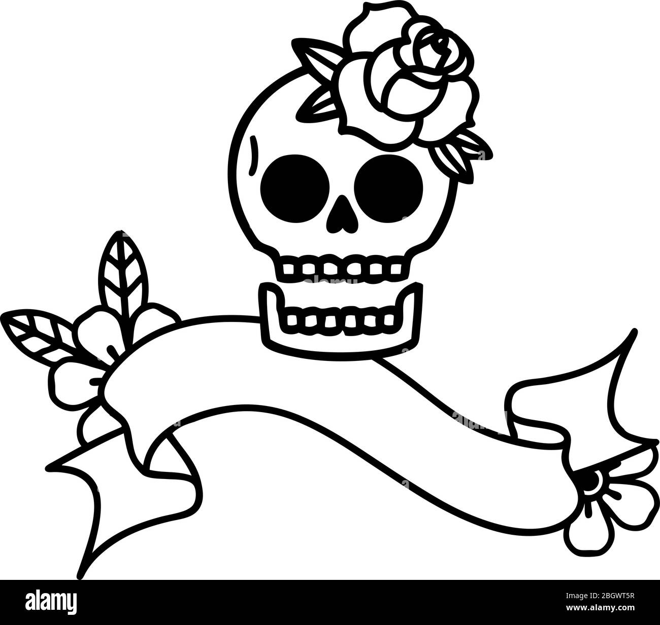 traditional black linework tattoo with banner of a skull and rose Stock ...
