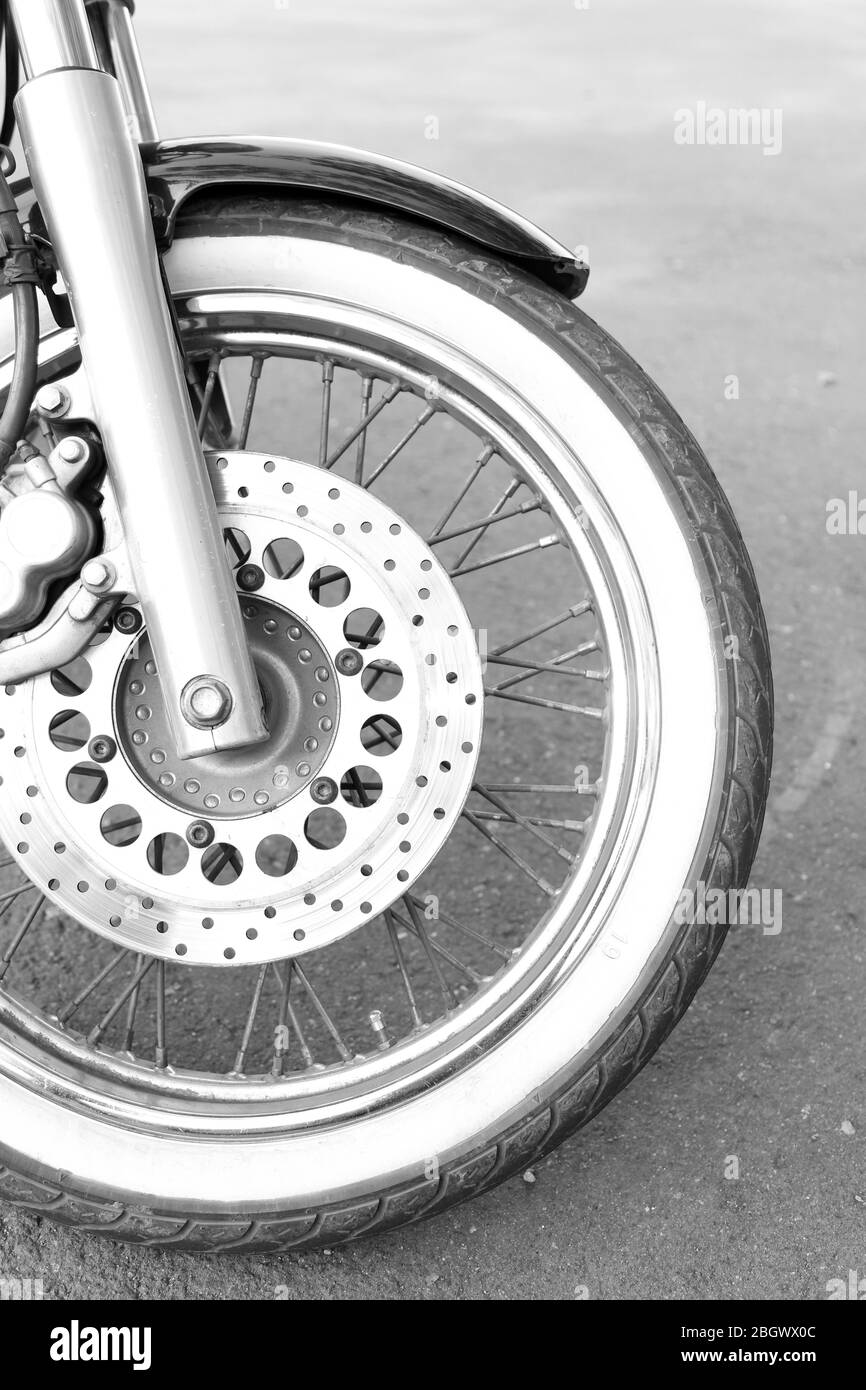 Motorcycle forks and tire, closeup Stock Photo Alamy