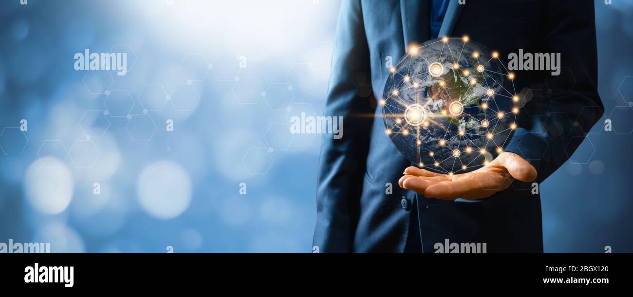 global network connection and high technology, businessman holding glob earth with line connect, worldwide, networking internet concept,Element of thi Stock Photo