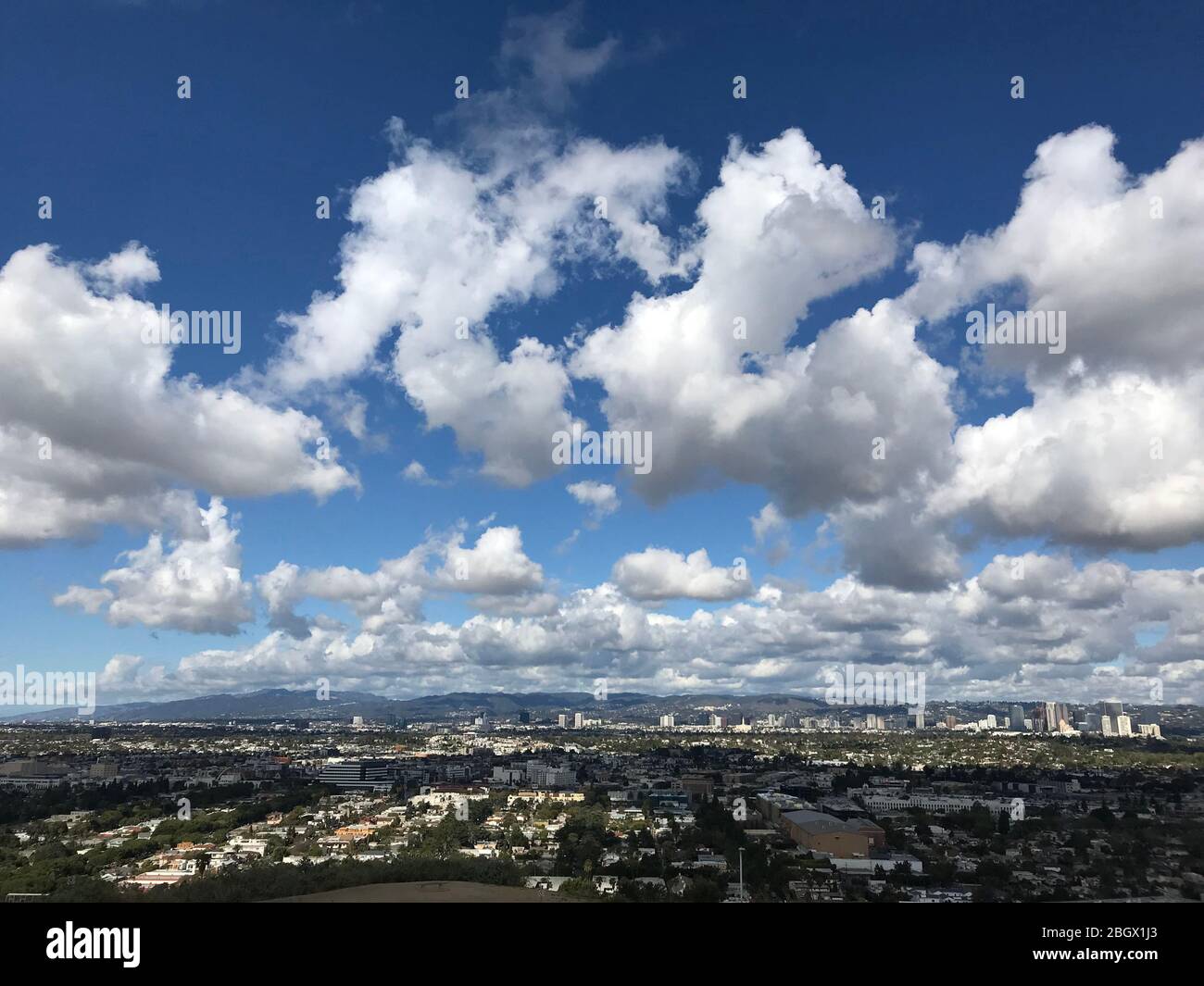 View across the Los Angeles basin of Culver City, Century City and Westwood from Baldwin Hills Scenic Overlook park on a clear day. Stock Photo