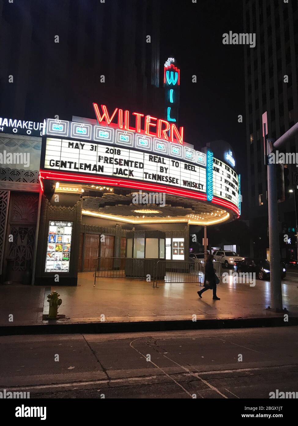 The historic  Wiltern Theater marquee and neon lights in Los Angeles, CA Stock Photo