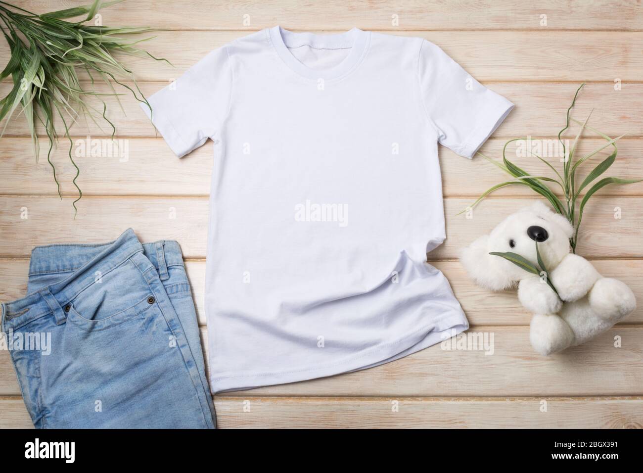 Download White Kids Cotton T Shirt Mockup With Koala Bear Soft Toy And Blue Jeans Design T Shirt Template Tee Print Presentation Mock Up Stock Photo Alamy