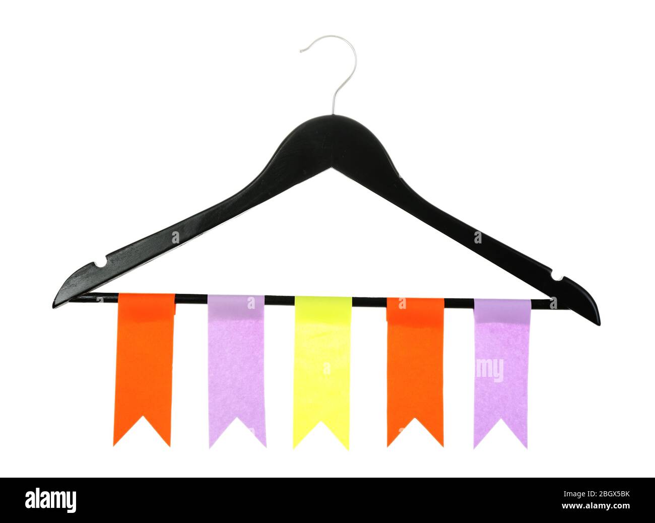 Row of colorful flags hanging on wooden hanger isolated on white Stock ...