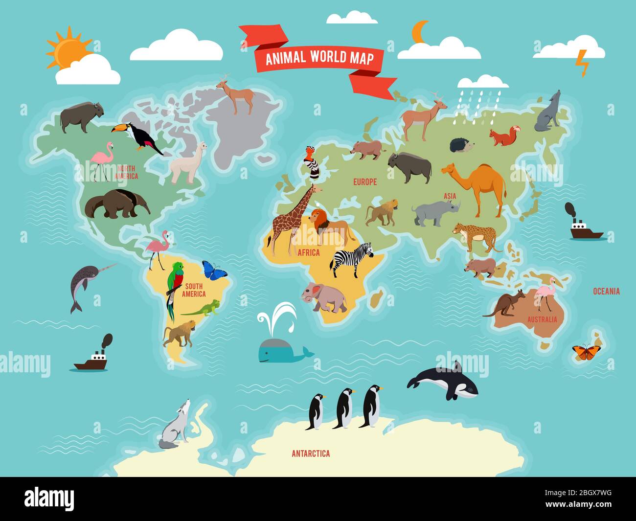 Illustration of wildlife animals on the world map. Vector illustrations  set. World map with animals from america, asia, antarctica and eurasia  Stock Vector Image & Art - Alamy